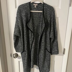 LOFT Cozy Gray Marled Long Open Cardigan faux leather trim patch pockets XS/S